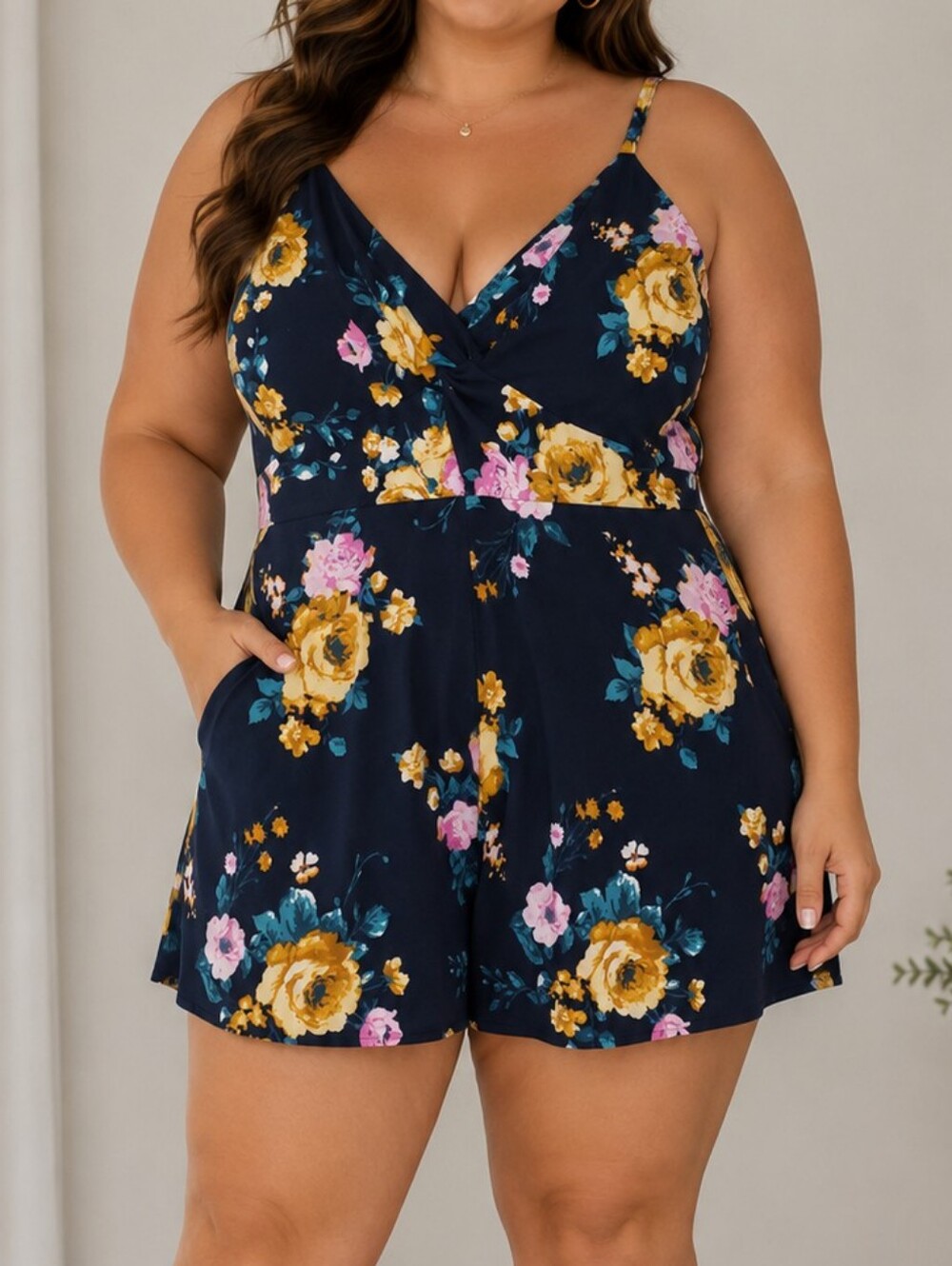 Navy Floral V-Neck Romper with Yellow & Pink Roses